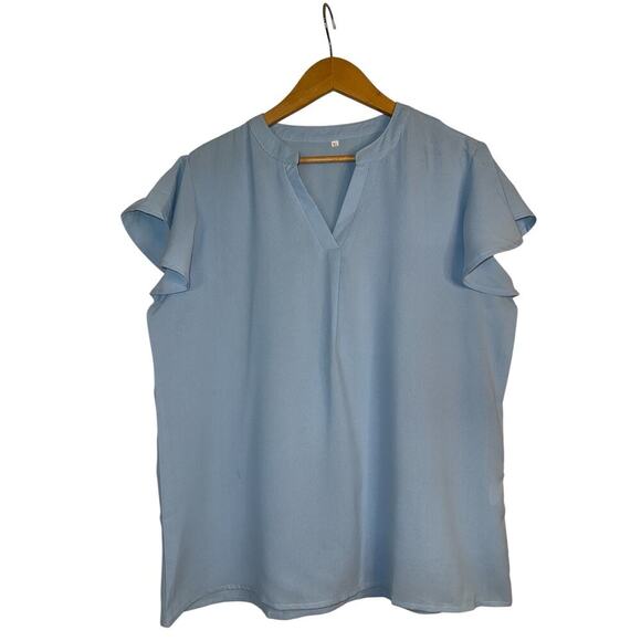 Short Sleeve Women Split V Neckline Summer Chiffon Pullover Top SZ XL Blue NWOT - Picture 1 of 7